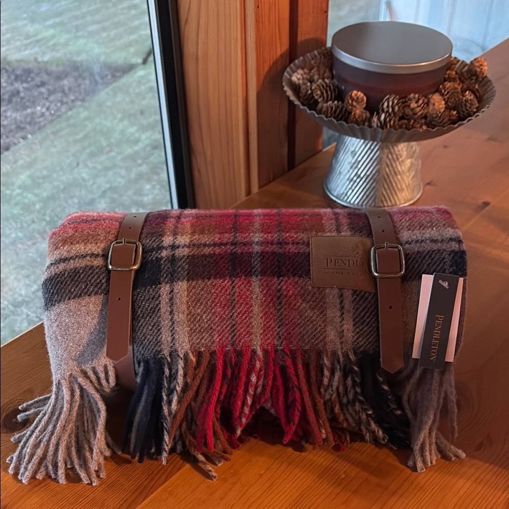 Pendleton Plaid Wool Blanket with Leather Straps